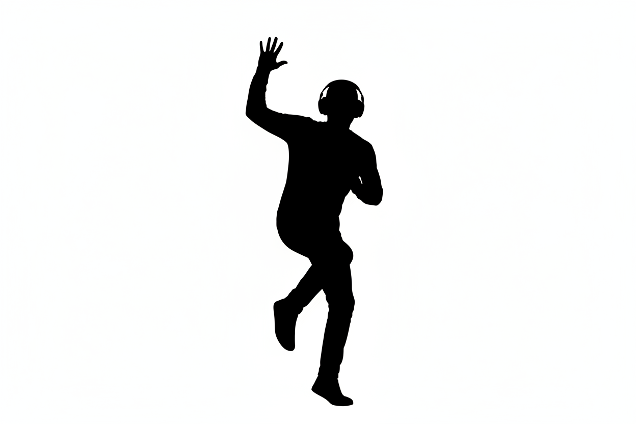 a lone raver, with headphones in, silhouetted, on a white plain background