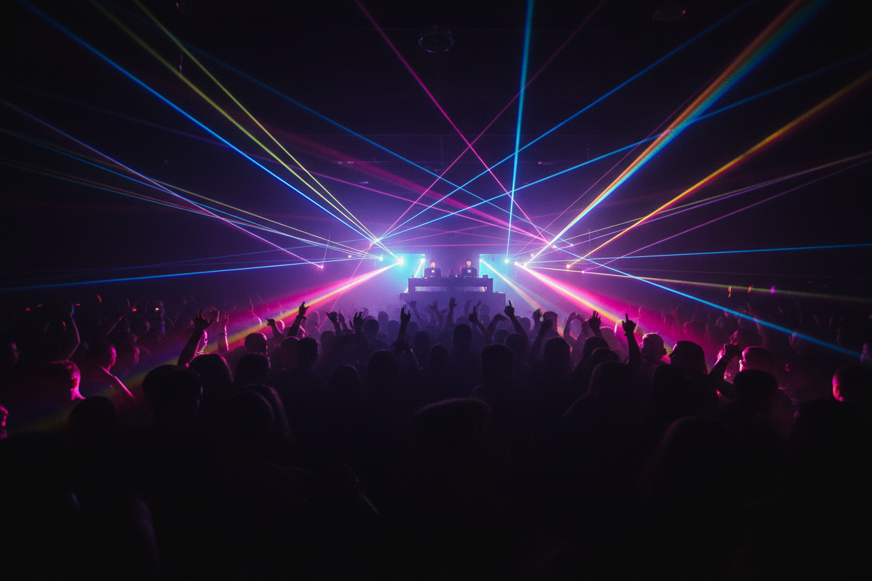 a rave party, silhouettes witha  dark background